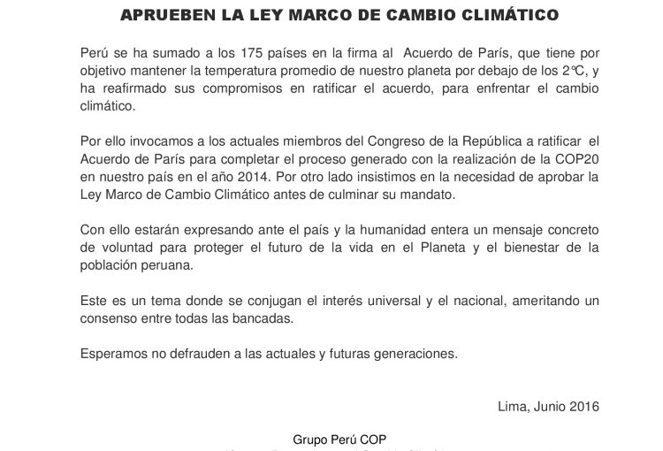 Sociedad Civil hace una invocación al Congreso de la República para la ratificación del Acuerdo de París y aprobación de la Ley Marco de Cambio Climático