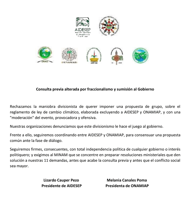 LEY DE CAMBIO CLIMÁTICO: Ministerio del Ambiente obstruye Consulta Previa a organizaciones